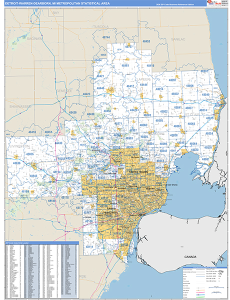 Detroit-Warren-Dearborn Metro Area Wall Map Basic Style